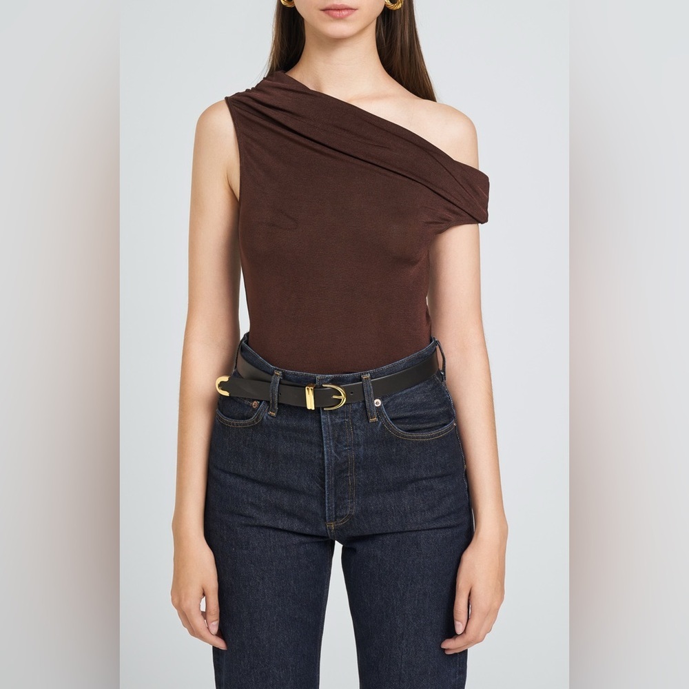 WAYF Espresso Brown One-Shoulder Asymmetrical Bodysuit Stretchy Chic Top- NWT